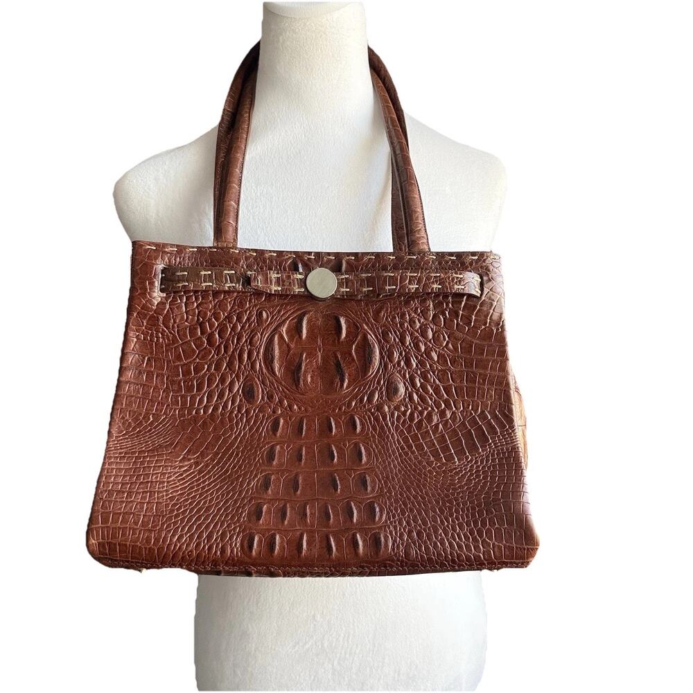 Vintage Mario Valentino Croc-Embossed Leather Shoulder Tote Bag Brown Italy